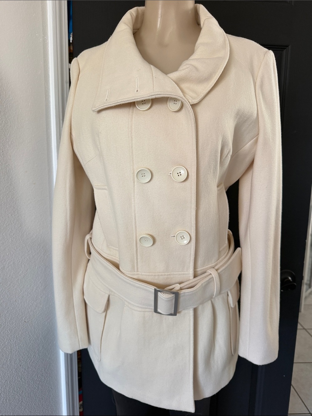 Guess Women's Double-Breasted Cream Peacoat size L